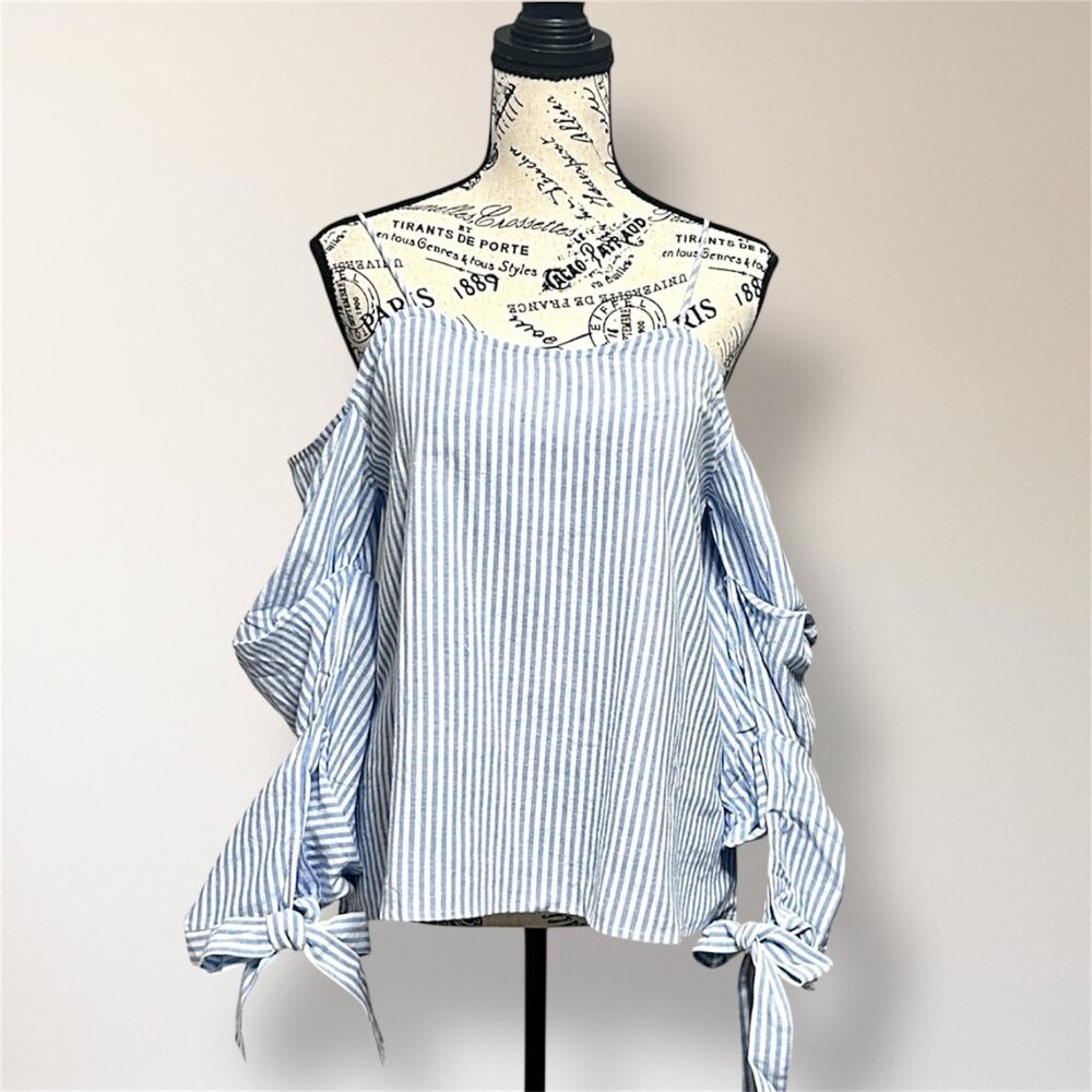 After Market S Blue Stripe Cold Shoulder Ruffle Tie Long Sleeve Peasant Top Boho